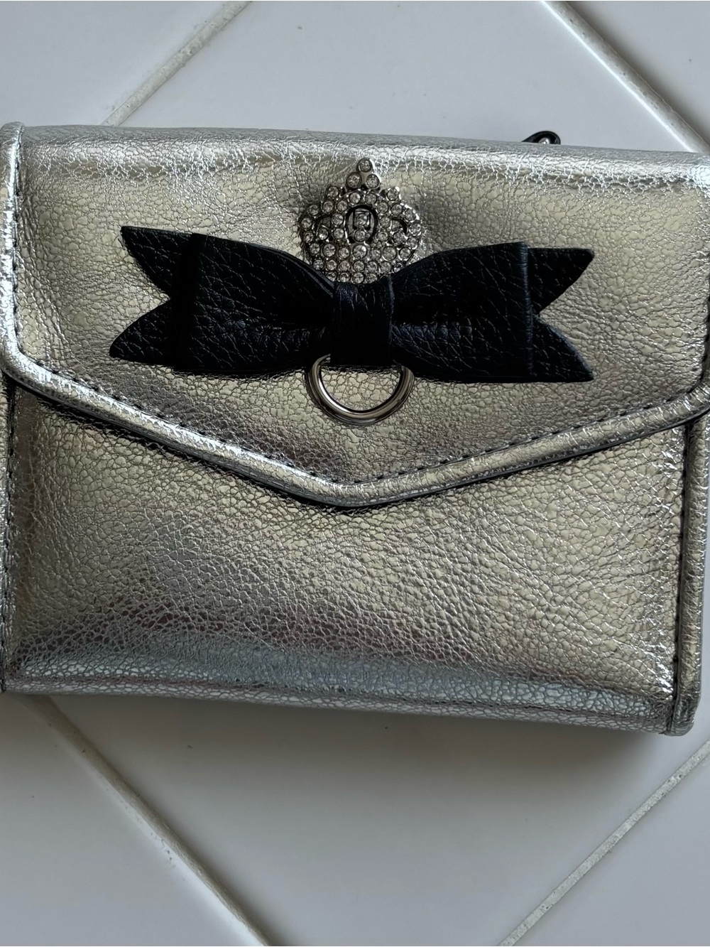 Brighton Silver Wallet with Black Bow and Crystal Crest